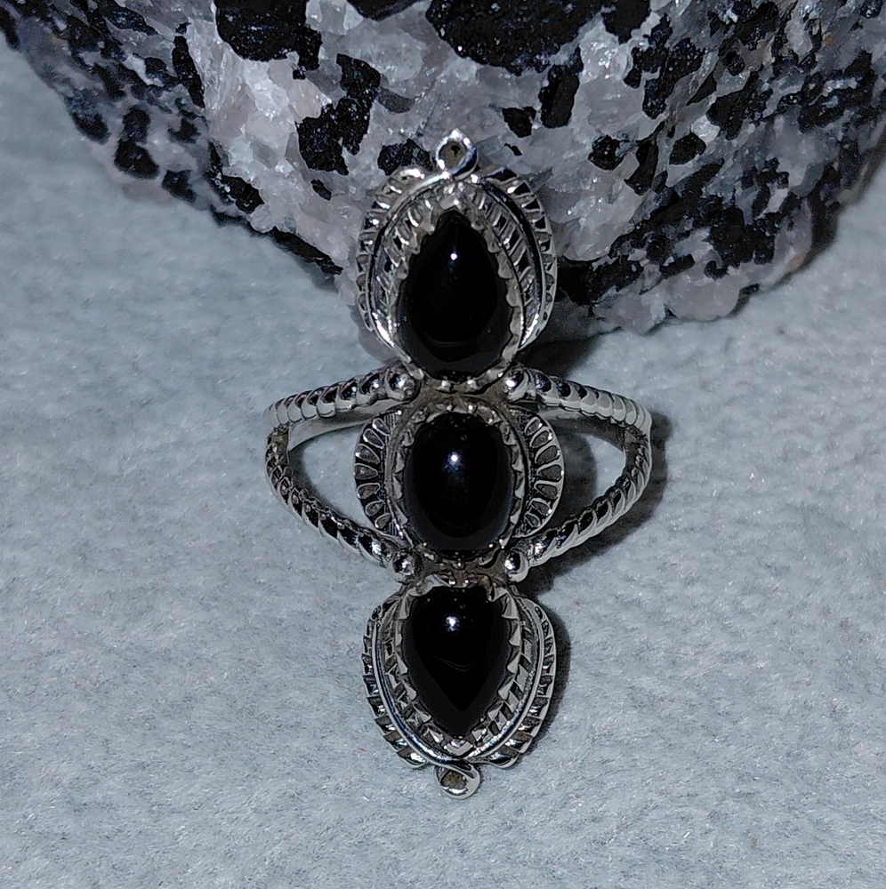 Triple Stone Black Onyx Sterling Silver Ring